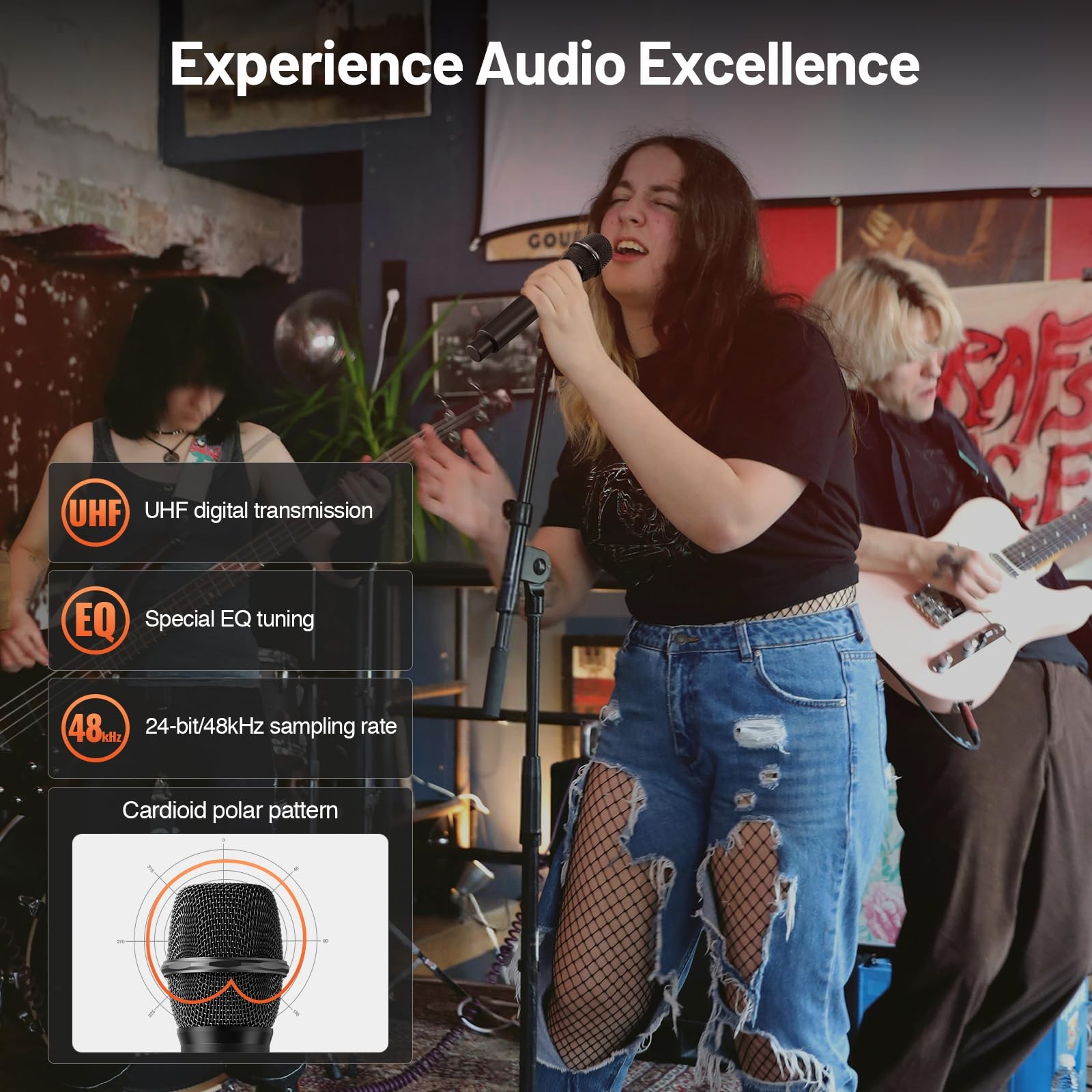 4-Channel Wireless Microphone System, UHF Cordless Mic Set w/ 4×10 Frequencies