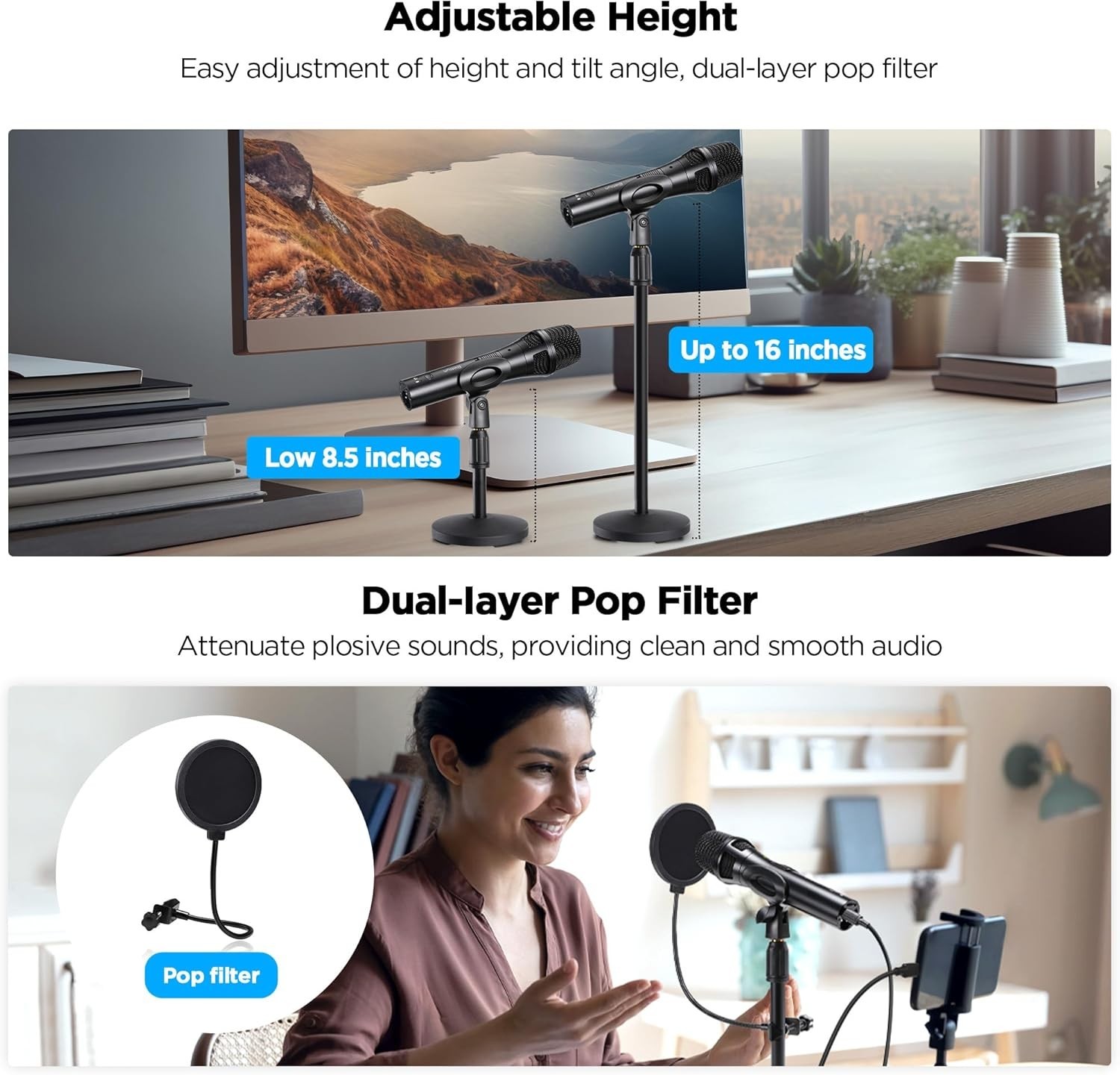 Professional XLR USB Dynamic Microphone Bundle with Metal Stand & Pop Filter