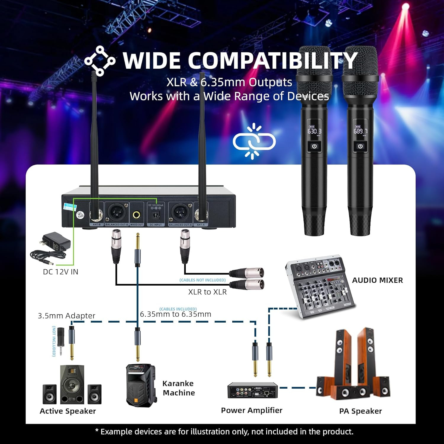 Professional Wireless Microphone System, 500Ft Long Range 2.4G Cordless Mic Set