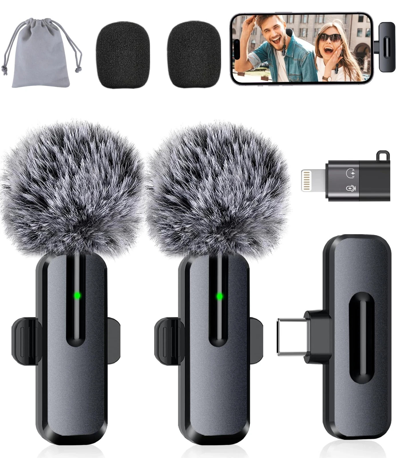 Wireless Mini Microphone for iPhone – 2 Pack Black-(USB-C + Lightning)