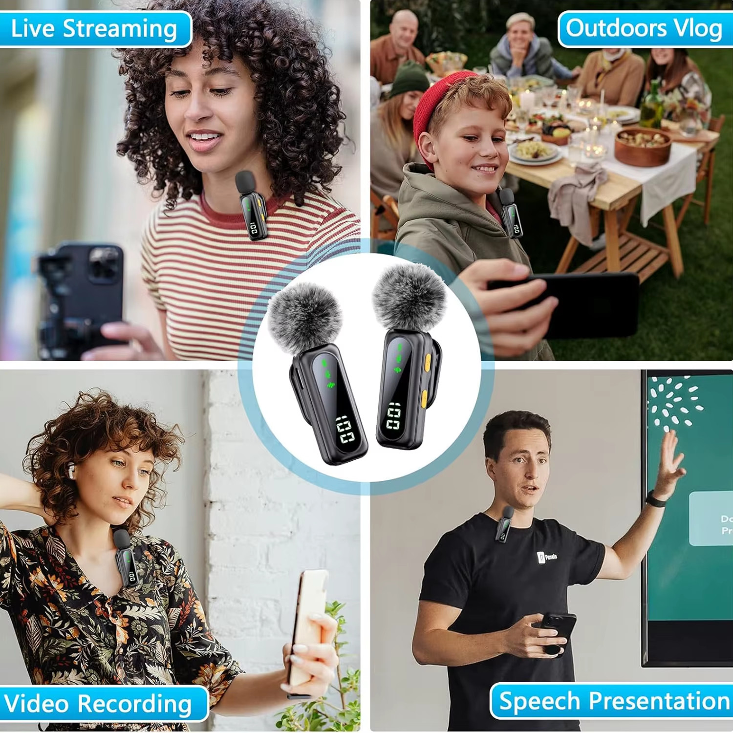 Professional Wireless Lavalier Microphone Plug and Play, with LED Power Display
