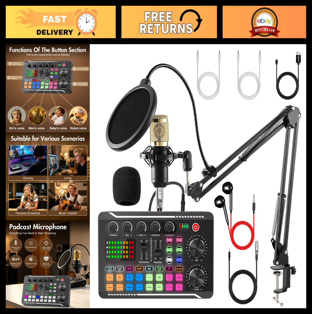 Podcast Equipment Bundle – Audio Mixer & BM-800 Mic, Live Sound Card, Voice Chan