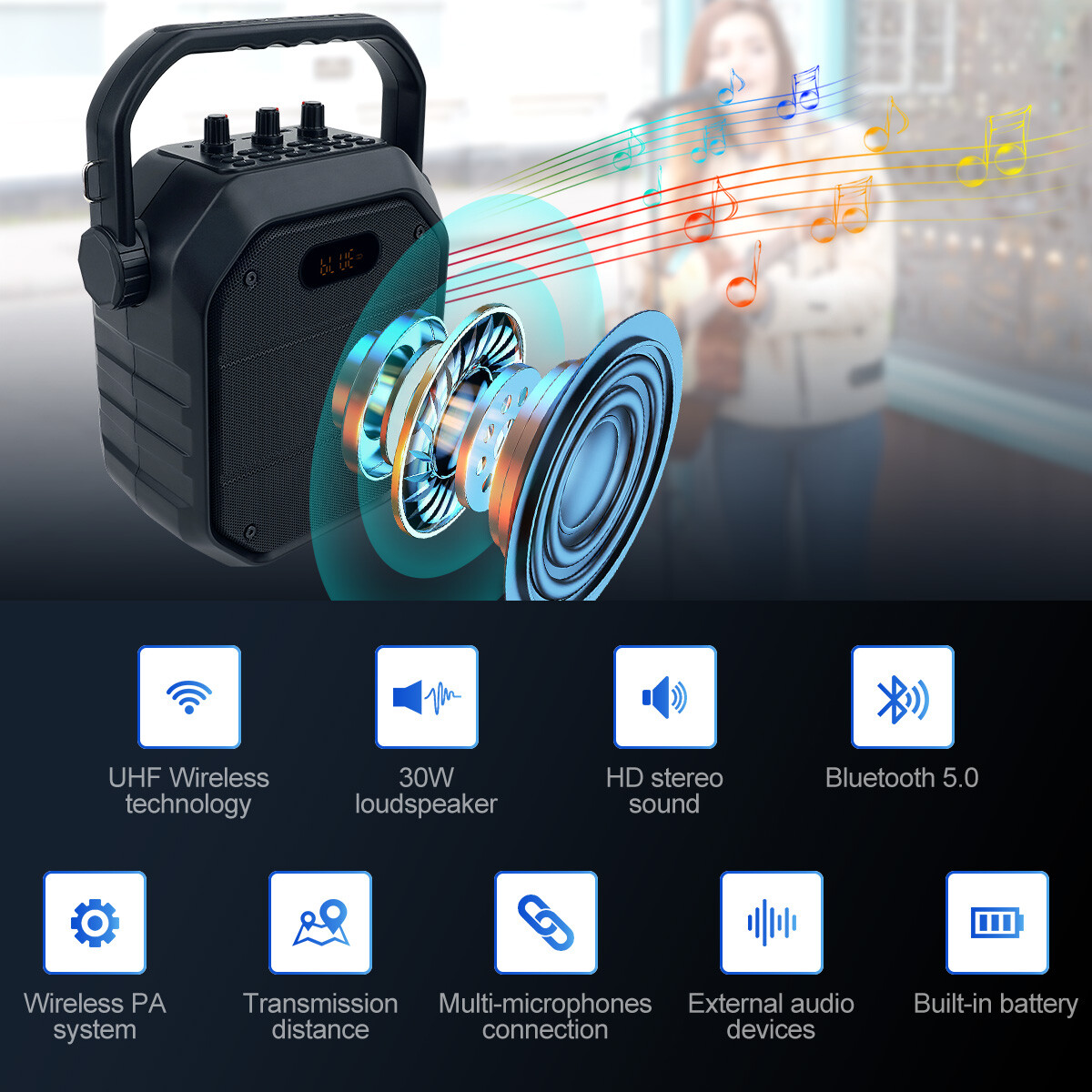 TC102 Portable Voice Amplifier,Wireless Bluetooth Microphone System Rechargeable