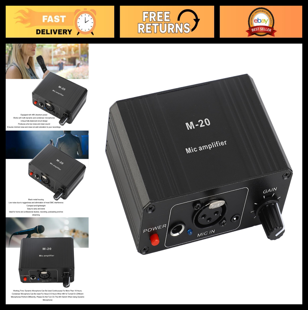 48V Microphone Preamplifier for Vocal & Instruments, XLR Output, Dynamic/Condens