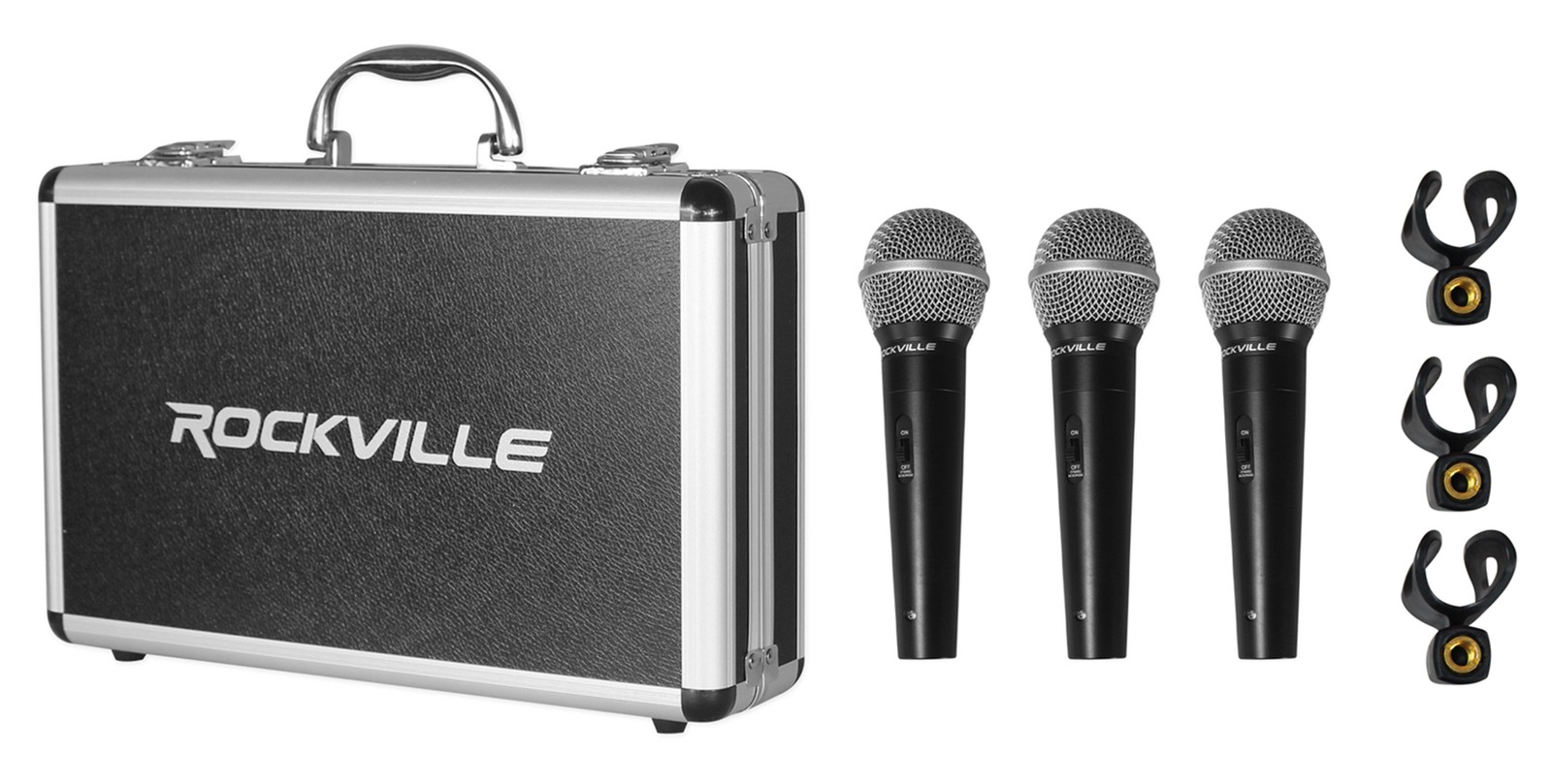 Rockville 3 Pack of Microphones+Case+Boom Arms For Podcast Podcasting Broadcast