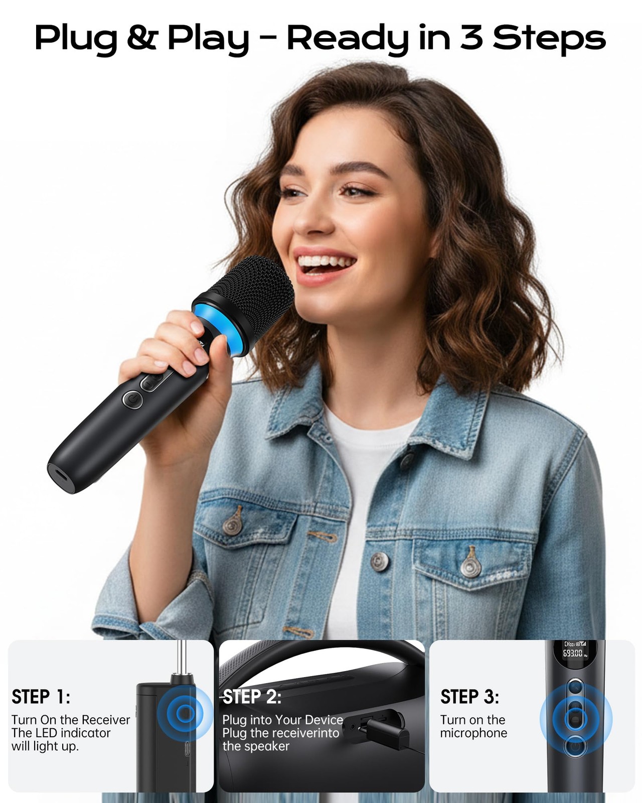 Dual Handheld Wireless Dynamic Microphone RGB Light 200FT Range 40Hour