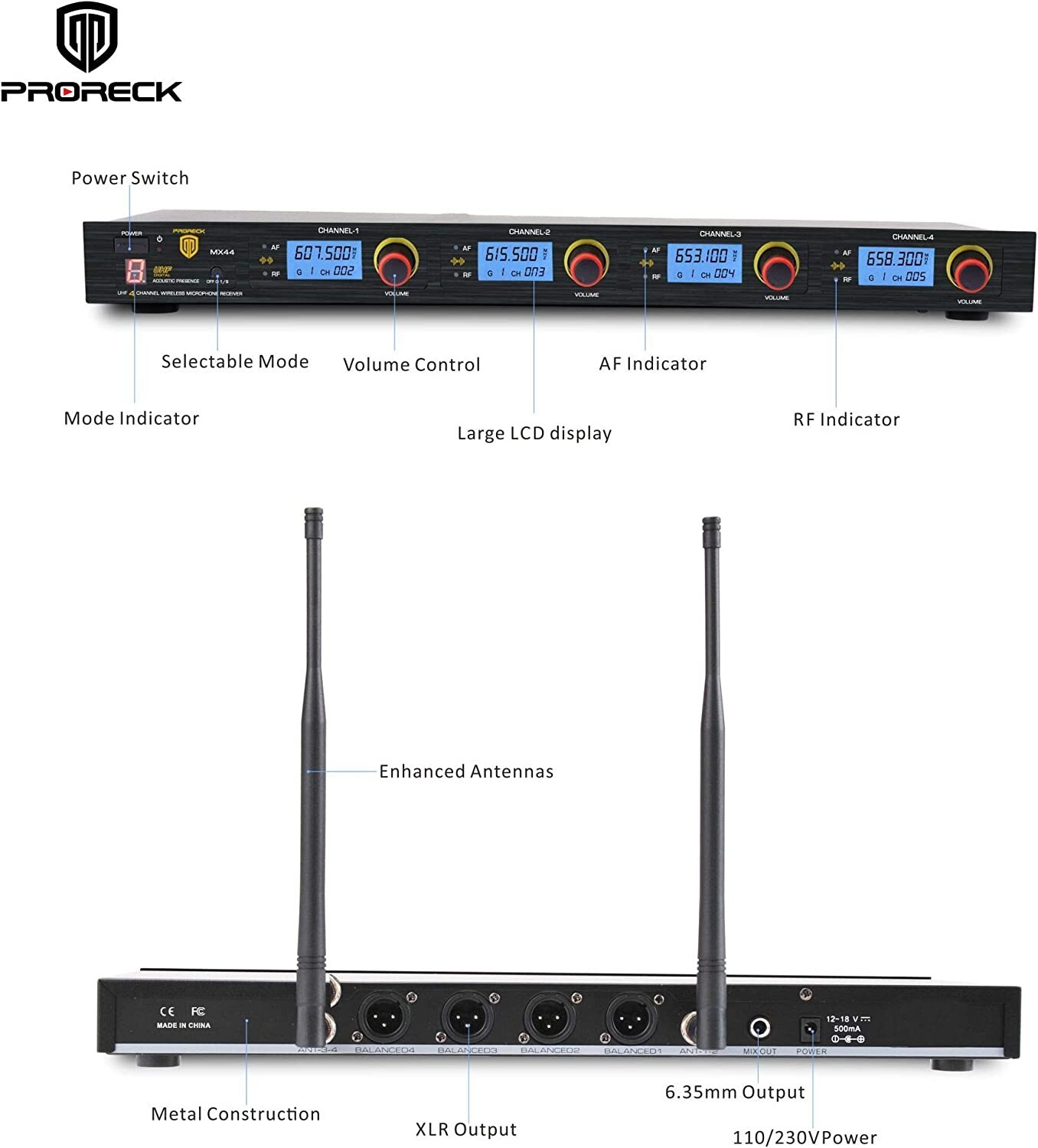 PRORECK MX44 Microphone System UHF Wireless with 4 Channels Hand-held Mics Set