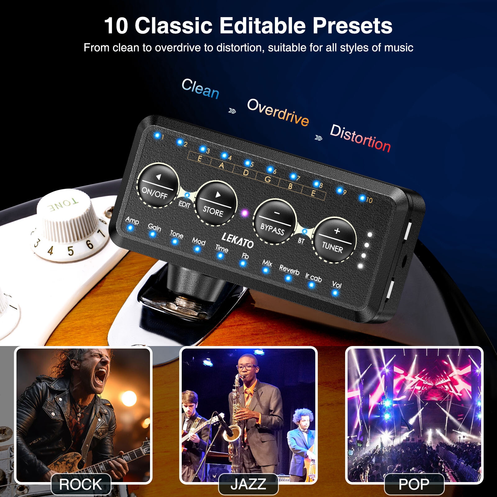 LEKATO Wireless Multi-effects Guitar Headphone Amplifier IR 10 Preamp Speaker