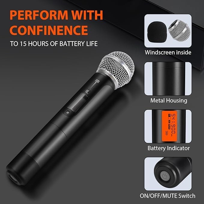 200-Channel Wireless Microphones System, Wireless Lavalier Microphone, Black