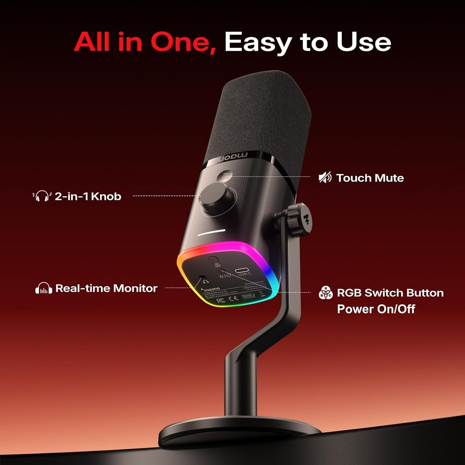 Maono PD100W Wireless Dynamic Desktop Microphone RGB Podcast Streaming Mic Black