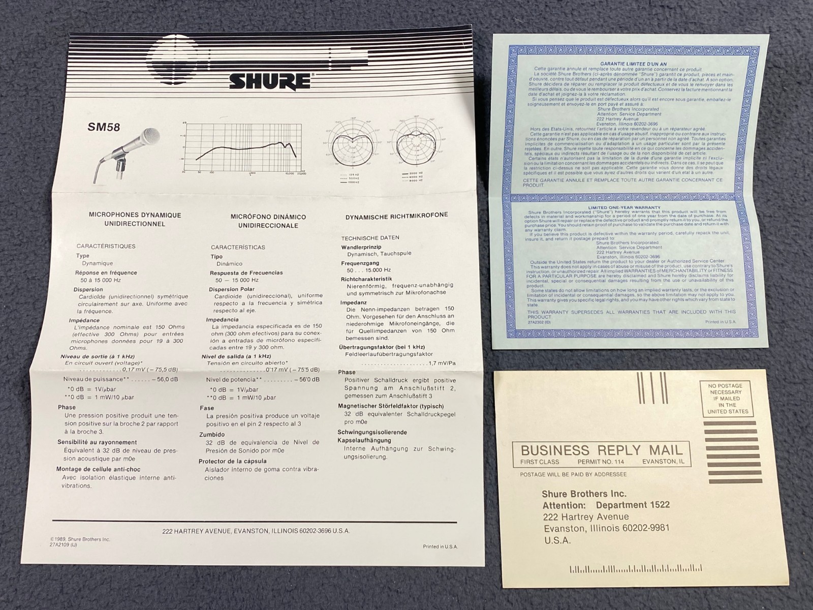 Vintage Shure SM58 Dynamic Microphone Owners Manual w/ Warranty Card