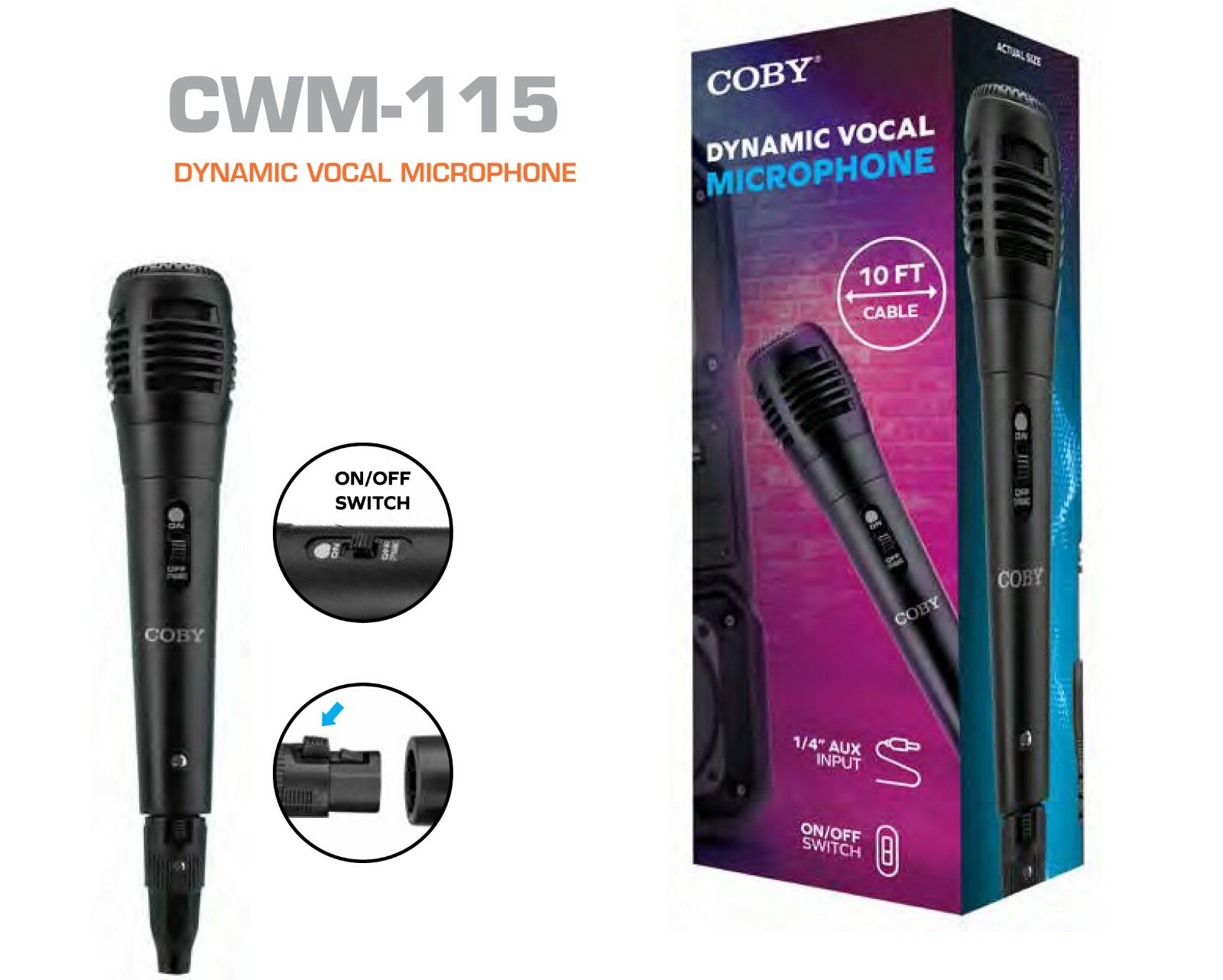 Coby Dynamic Vocal Wired Karaoke Microphone MIC 10 FT Cord 1/4″AUX ON OFF SWITCH