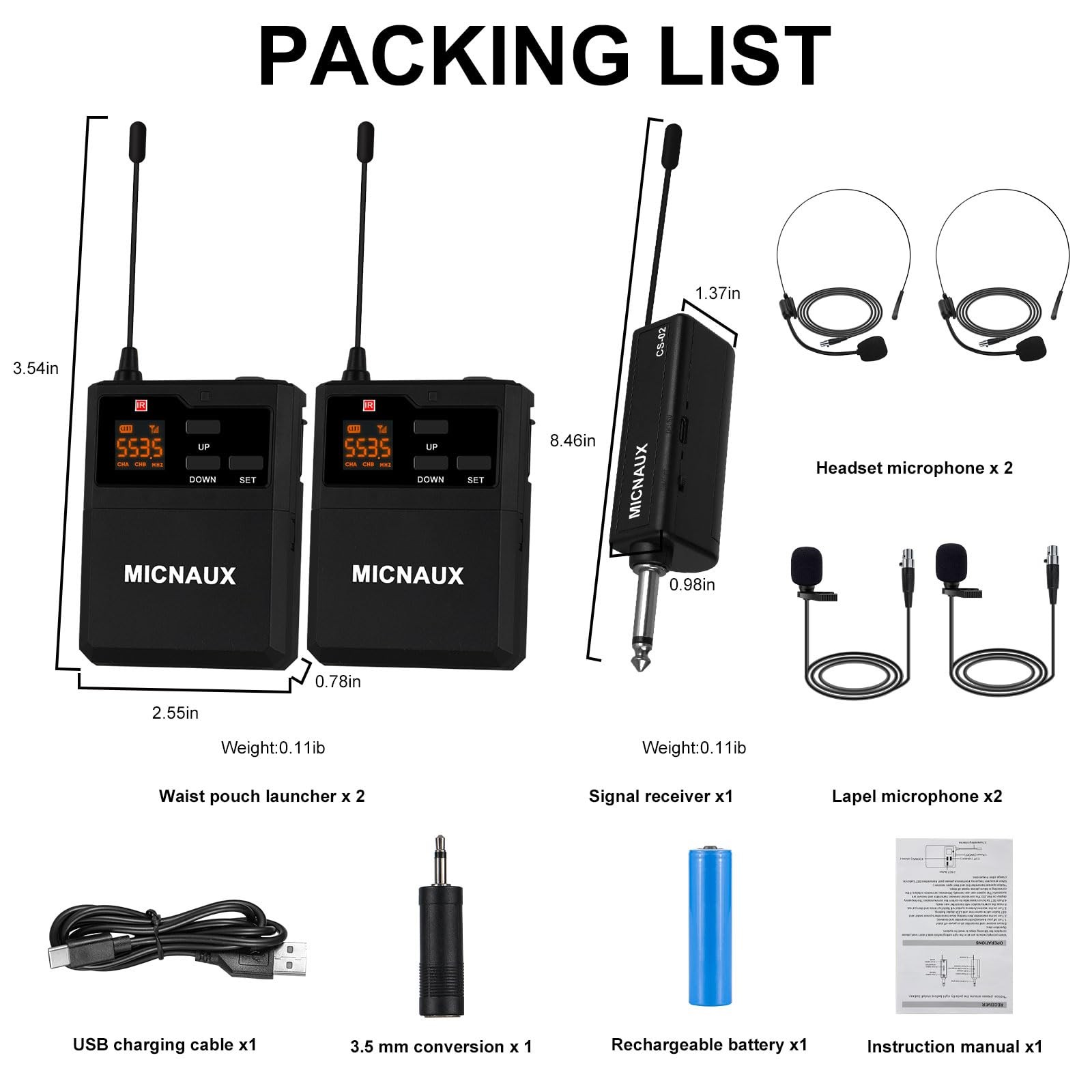 Wireless Lapel Microphone System with Headset & Lavalier Mics, Dual Bodypack …