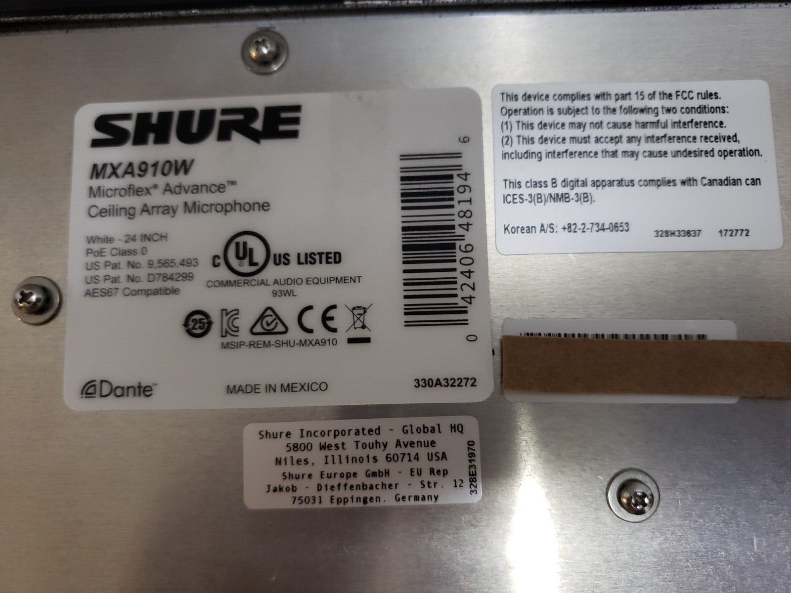 Shure MXA910W Microflex Wired Ceiling Array Microphone