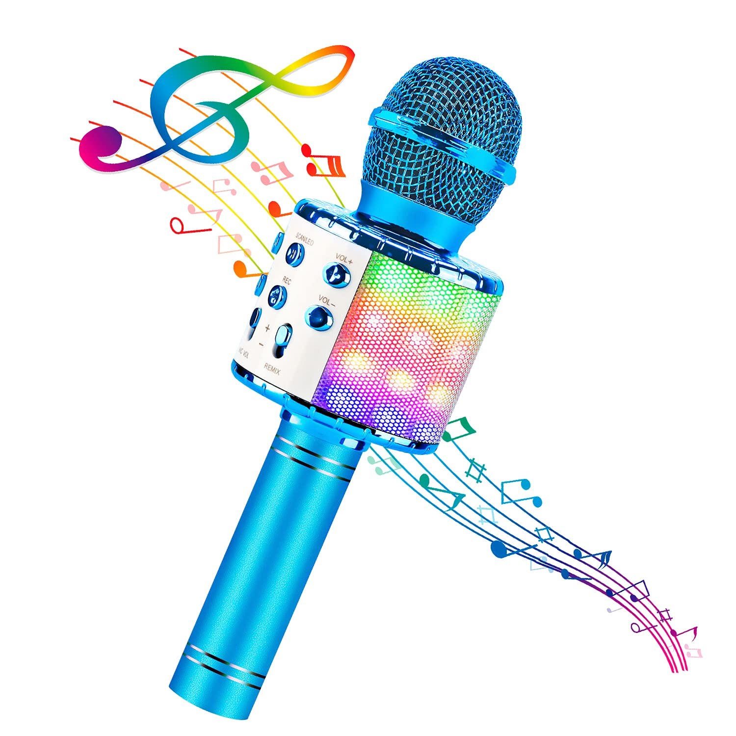 4 in 1 Karaoke Wireless Microphone with LED Lights Portable for Kids Adults Blue