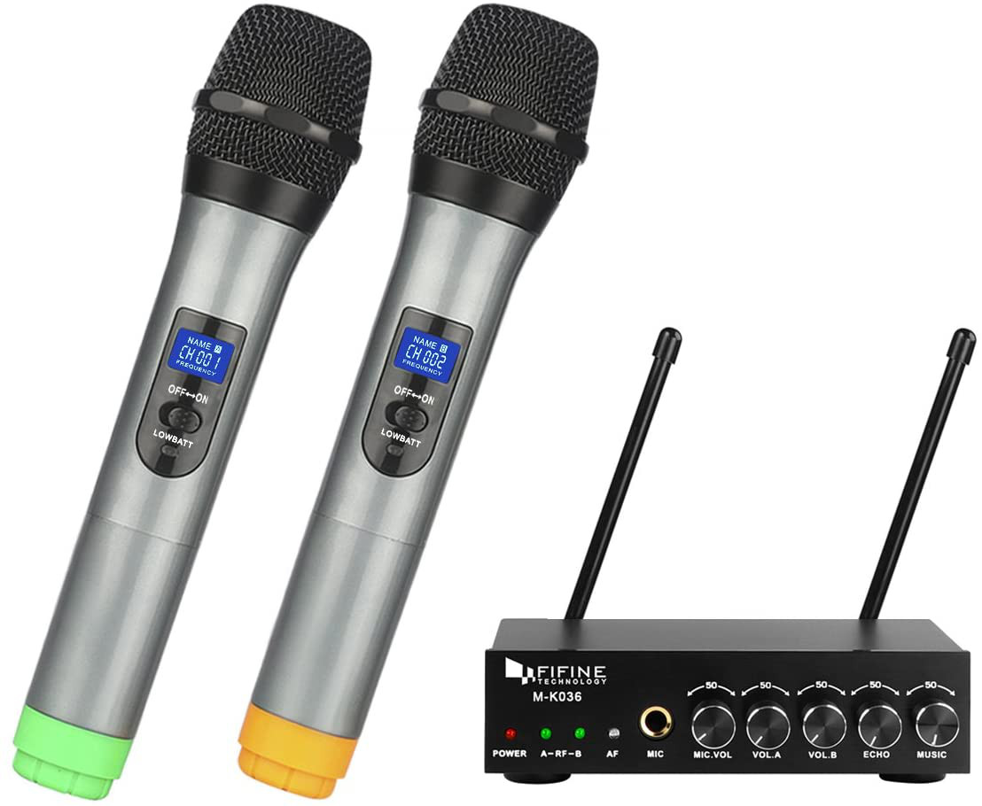 Fifine UHF Dual Channel Wireless Handheld Microphone, Easy-to-use Karaoke Wirele