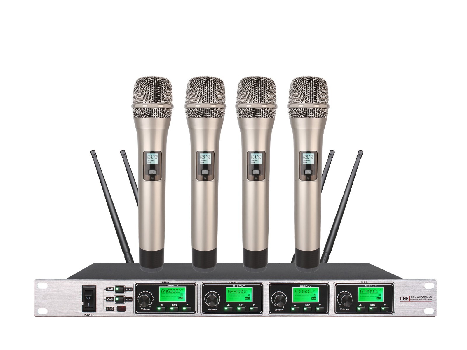 4 Channel UHF Professional Wireless Cardioid Vocal Microphone System Four Mics