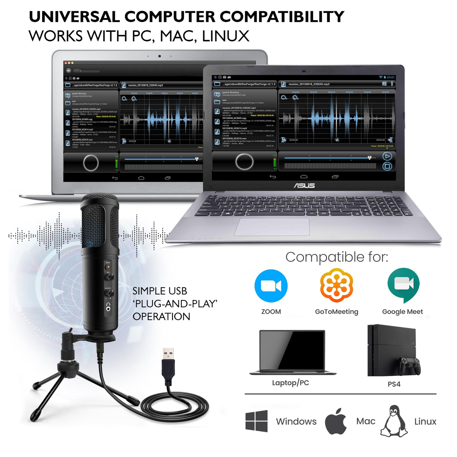 USB PC Recording Condenser Microphone – Blue LED, Adjustable Gain, Headphone …