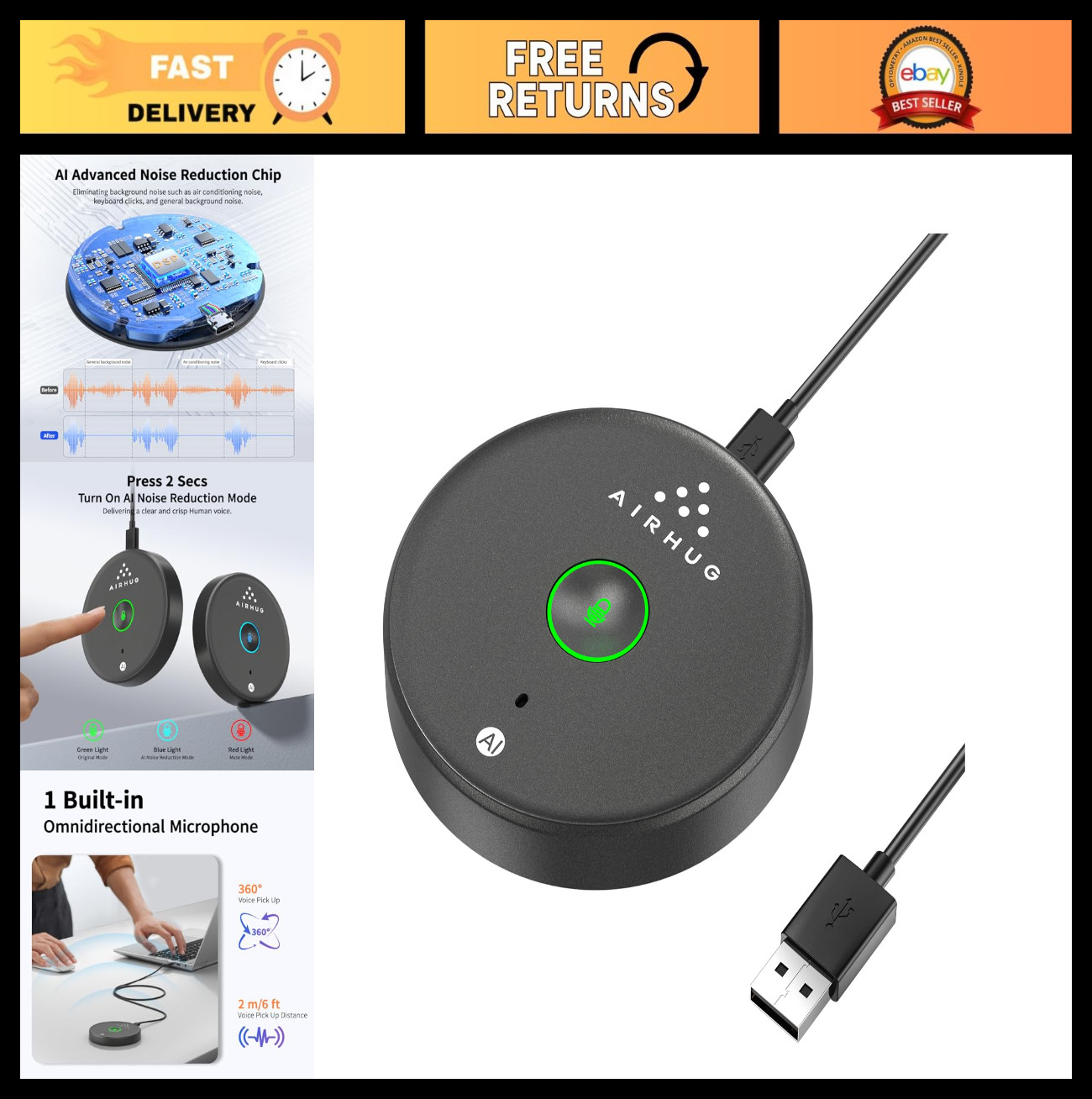USB Microphone with Mute Button & LED, AI Noise Reduction, Plug & Play, Omnidire