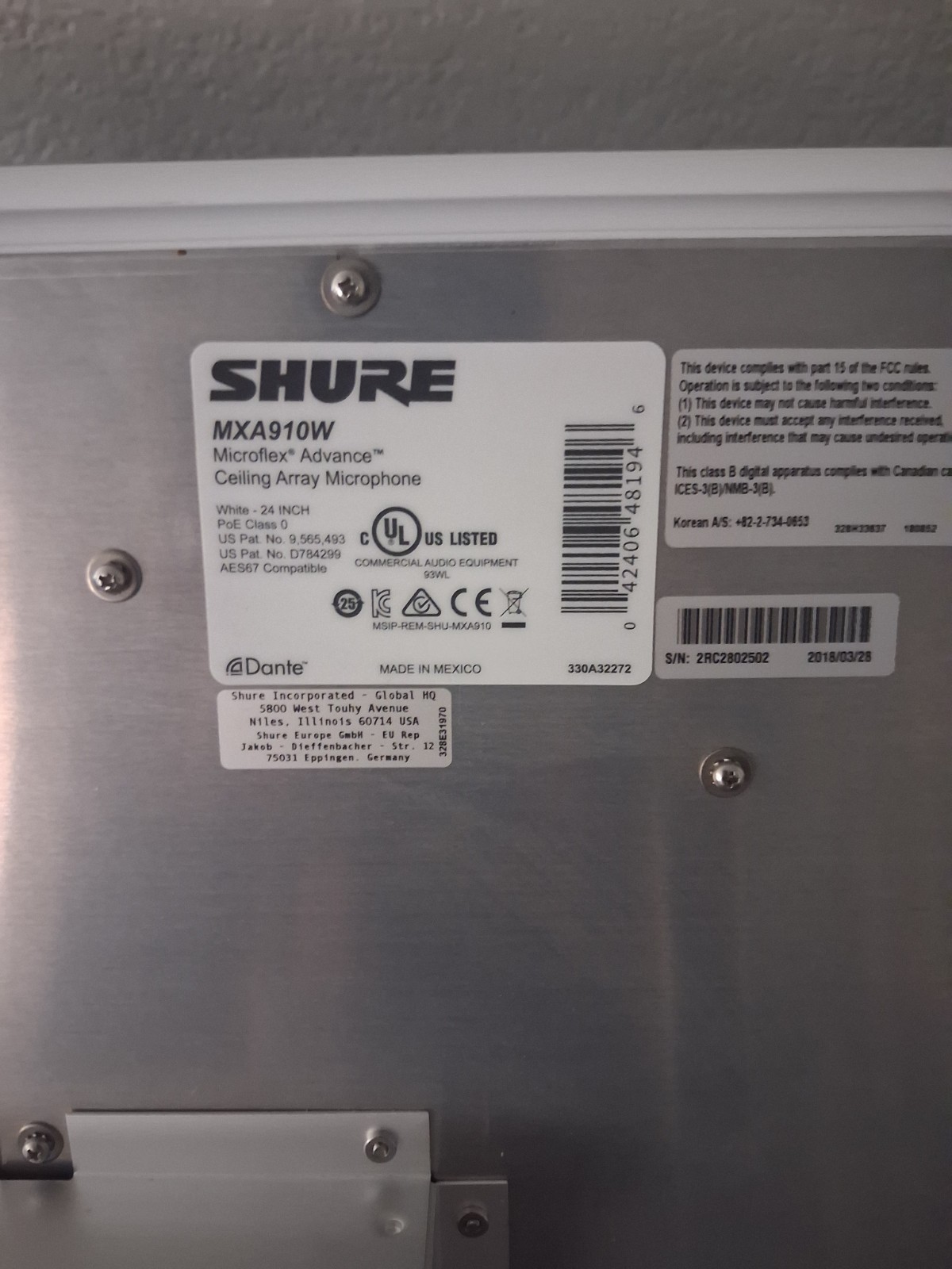 Shure MXA910W Microflex Advance Ceiling Array Microphone – Fair Condition