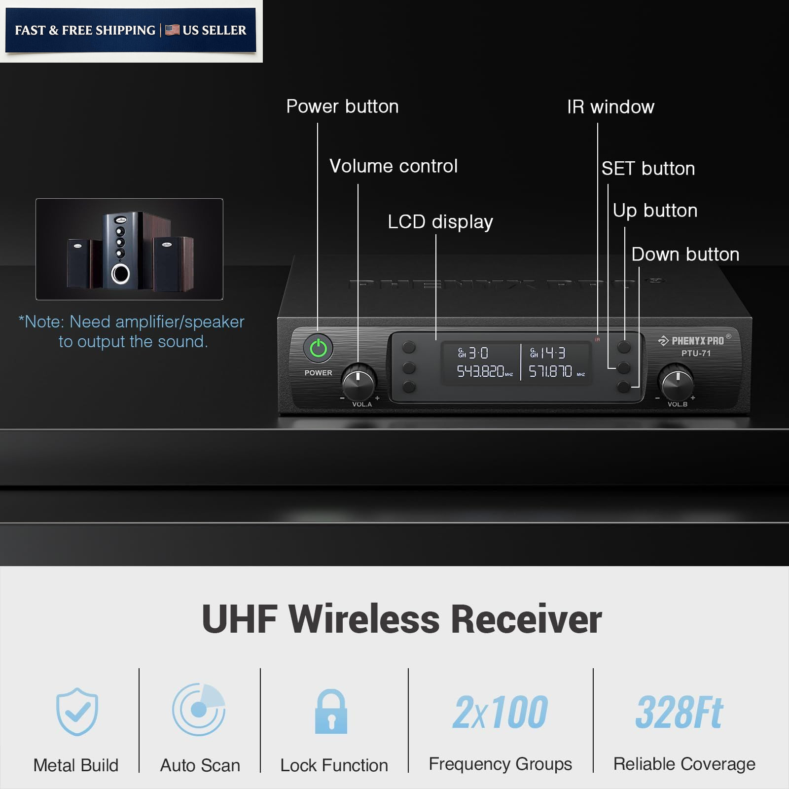 Phenyx Pro Dual UHF Wireless Microphone System，Auto-Scan Medium, Black