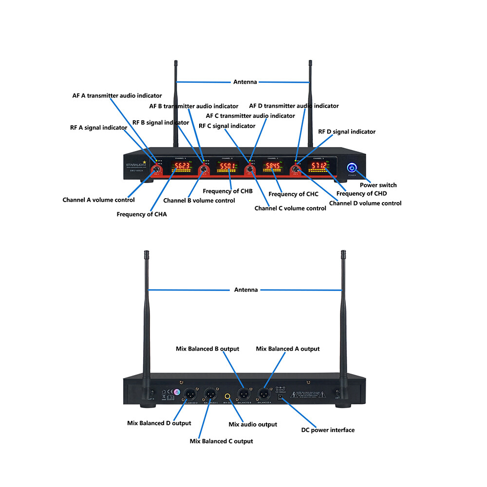 Professional 4 Channel UHF Handheld Wireless Microphone System Church Stage Mic