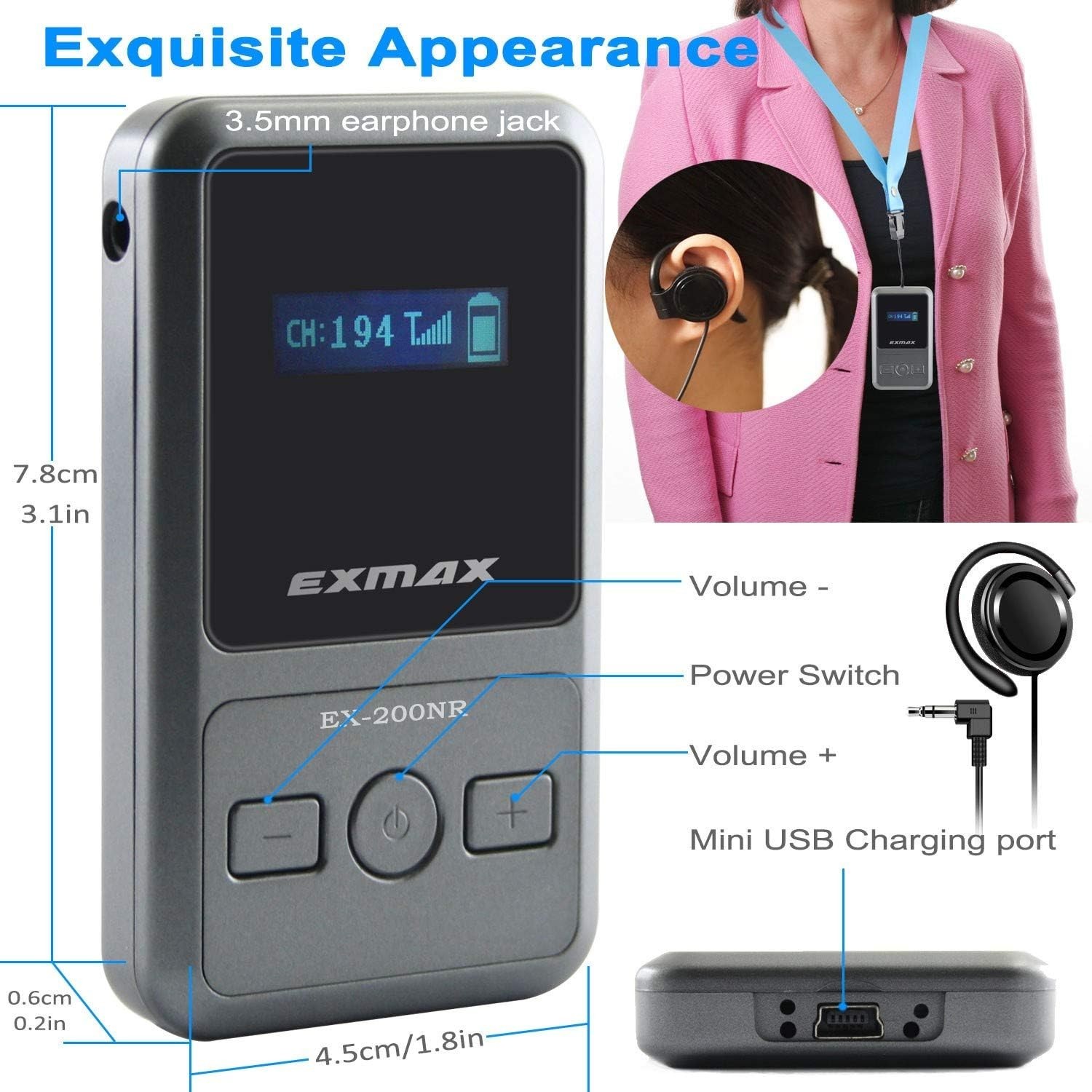 EXMAX EX-200N UHF Wireless Tour Guide System for Corporation Training (1T&1R)