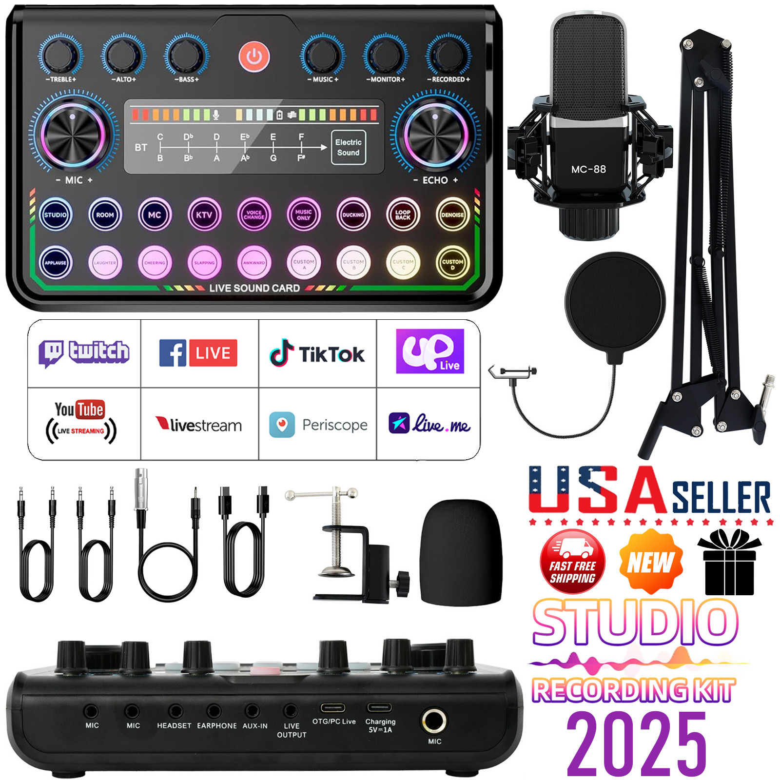 Complete Home Studio Podcast Recording Kit Sound Card Mixer Condenser Microphone