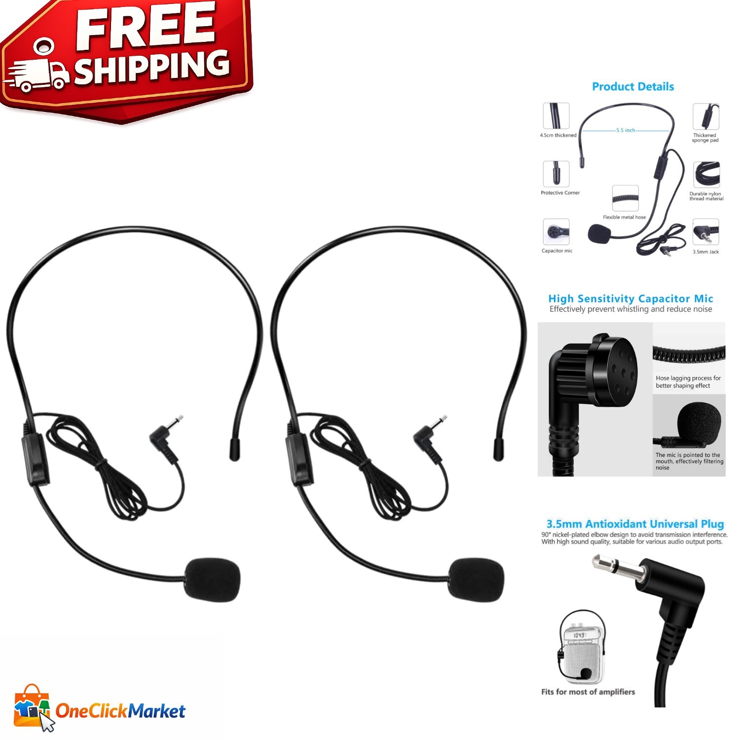 2pcs Lightweight Headset Microphone with 3.5mm Jack for Clarity – Unidirectional
