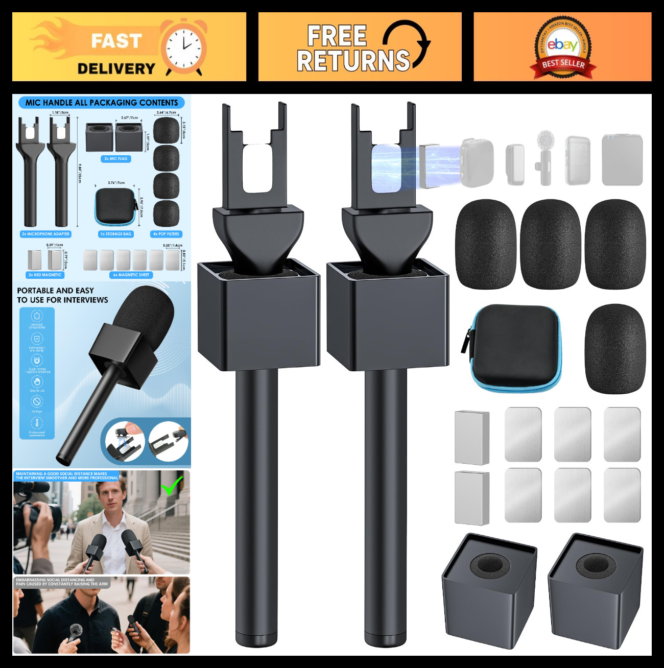 Universal Handheld Adapter for Interview Mic – 2 Wireless Mic Holders, Magnetic