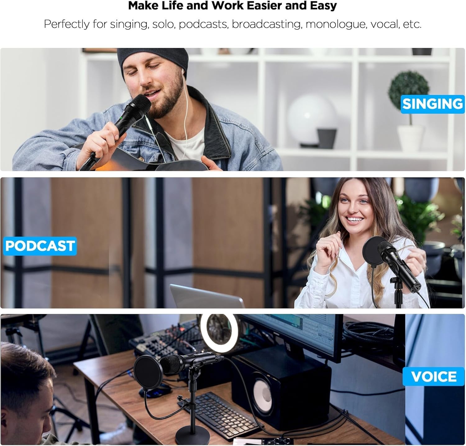 Professional XLR USB Dynamic Microphone Bundle with Metal Stand & Pop Filter