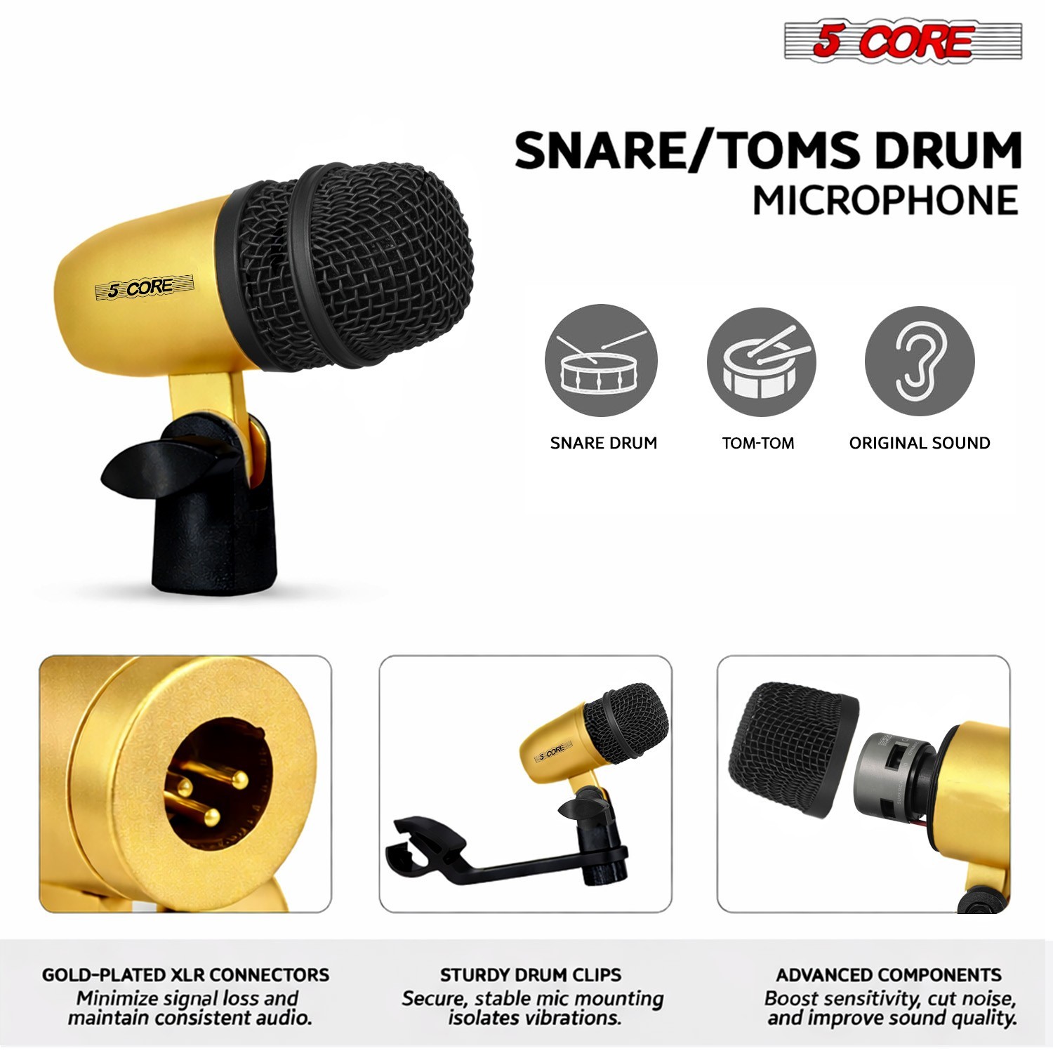 5 Core Drum Microphone Kit 9Pc All Metal Drummer Mics Tom/Snare & Cymbals Wired