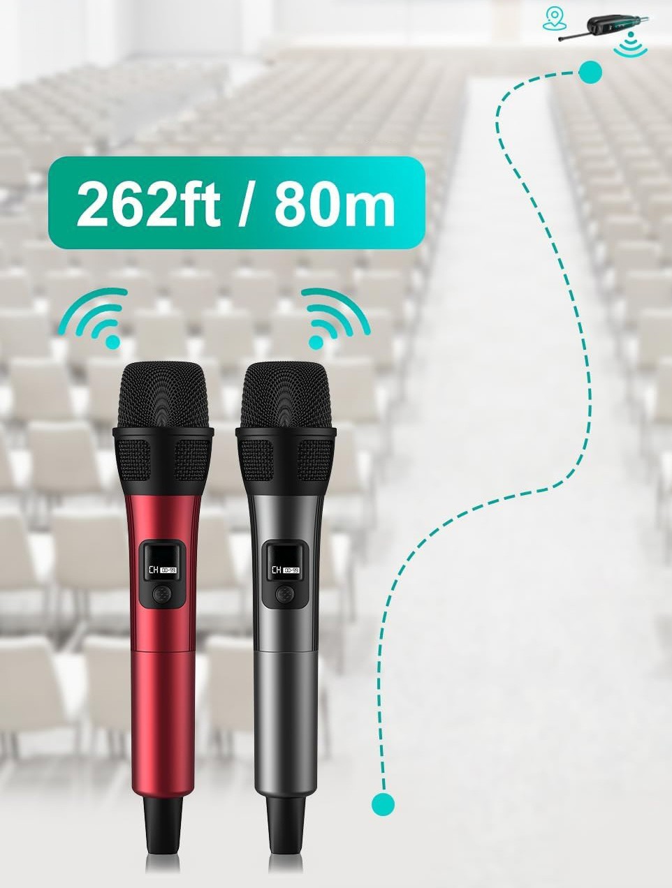 2 Professional Wireless Microphones – 40Hr Battery – 262ft Range – Studio Sound