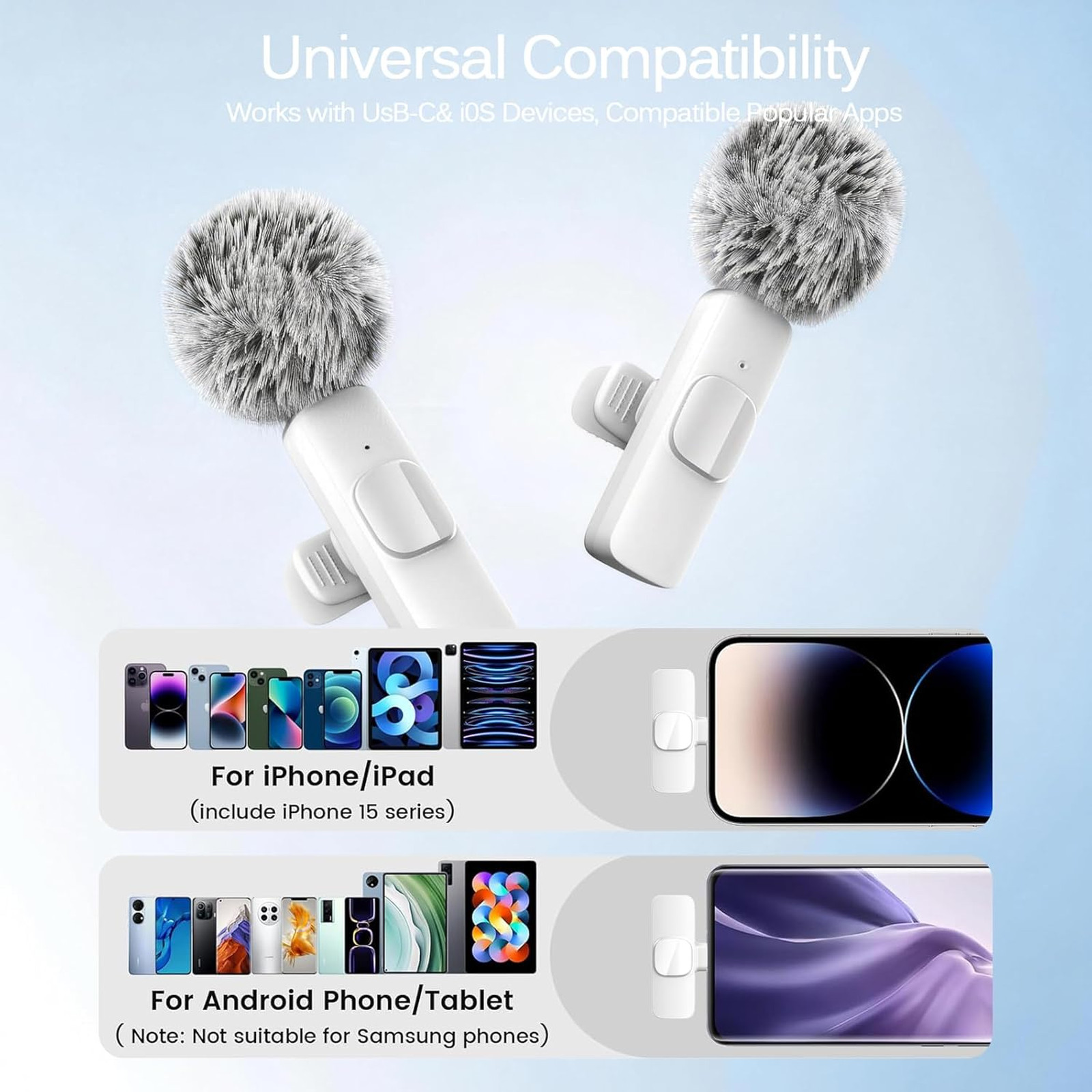 Wireless Lavalier Microphone Pack for iPhone Android, Noise Cancellation