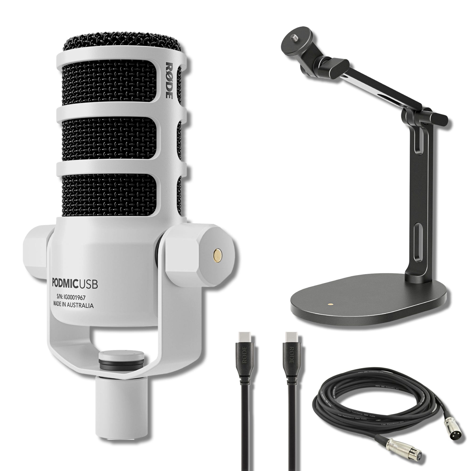 Rode PodMic USB Broadcast Mic (White) + Rode DS2 Desk Stand & XLR Cable