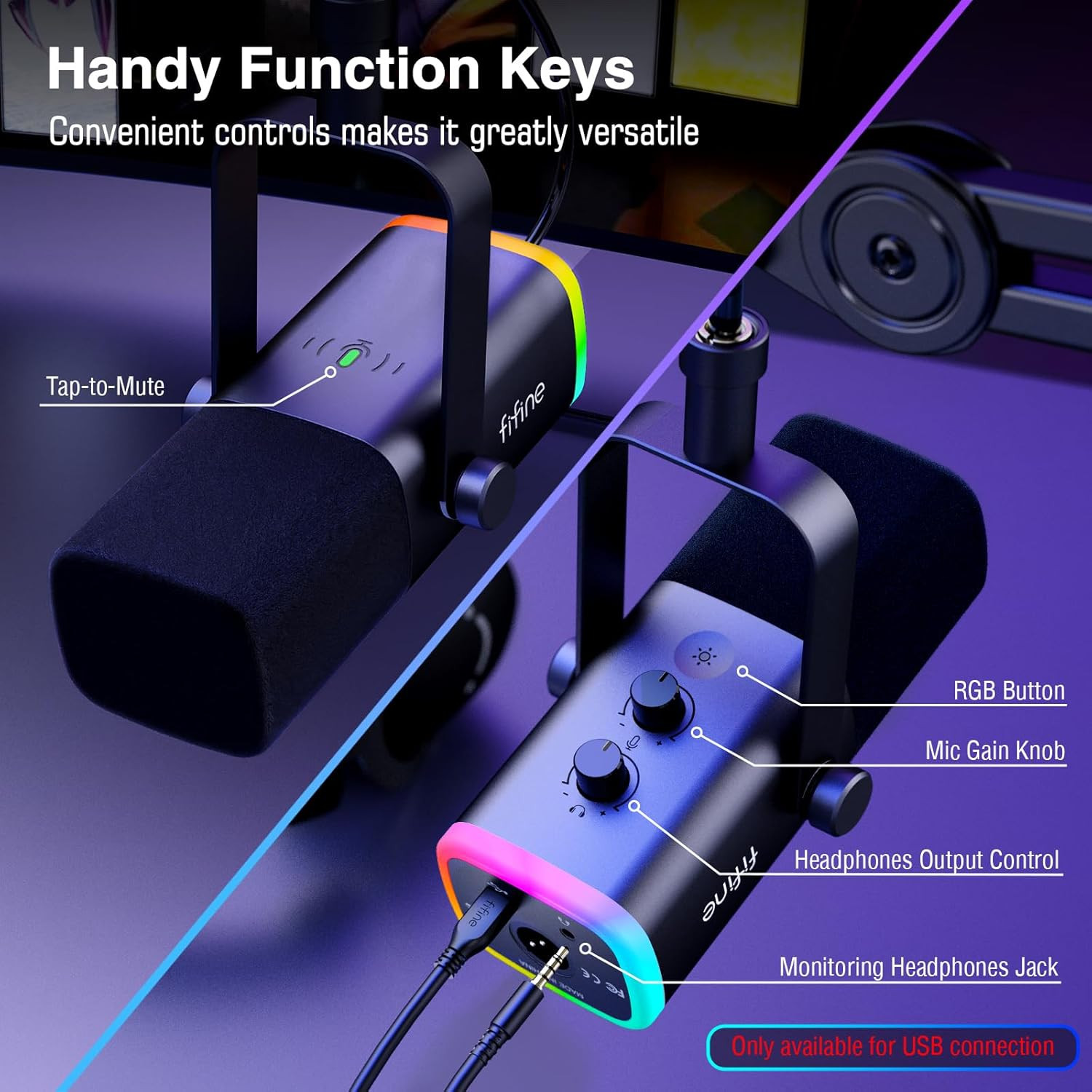 XLR/USB Gaming Microphone Kit with Boom Arm, RGB Light & Mute Button