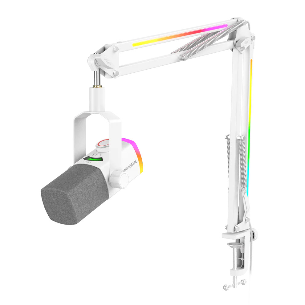 FIFINE AmpliGame AM8PROT Dynamic Microphone Kit with RGB Boom Arm Stand – White