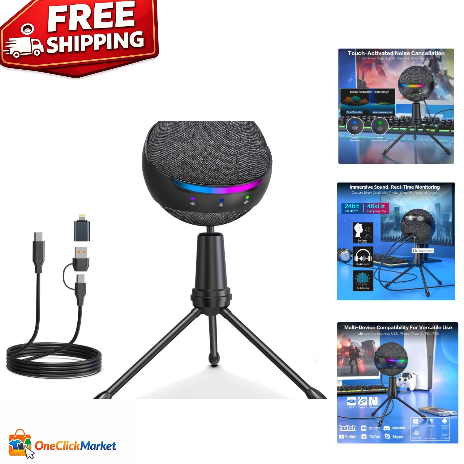 Professional Podcast USB Microphone with RGB Lighting and Noise Reduction