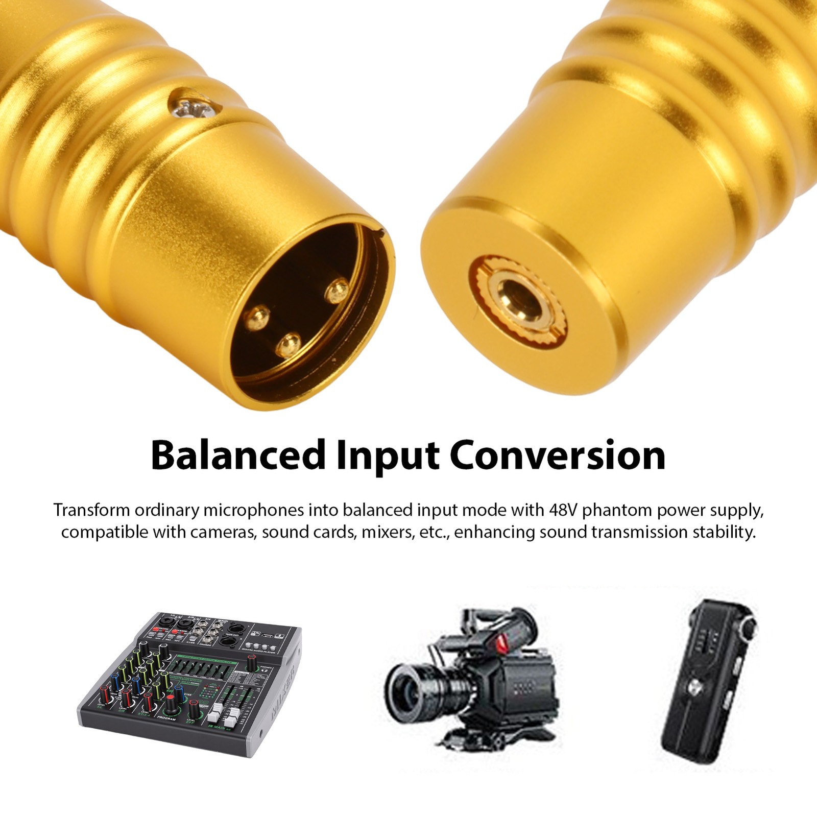 48V Phantom Power XLR Microphone Adapter Aluminum Alloy Balanced Input Converter