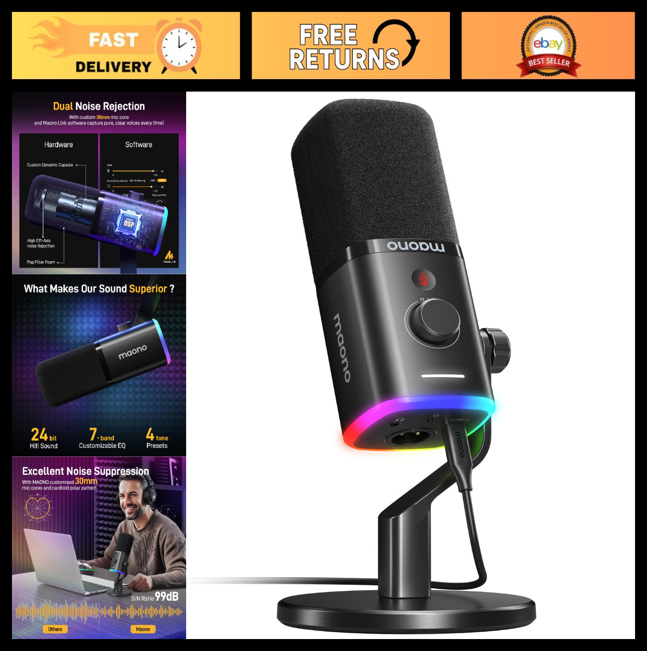 Dynamic USB/XLR Podcast Microphone for PC & Gaming, RGB, Mute Button, Stand