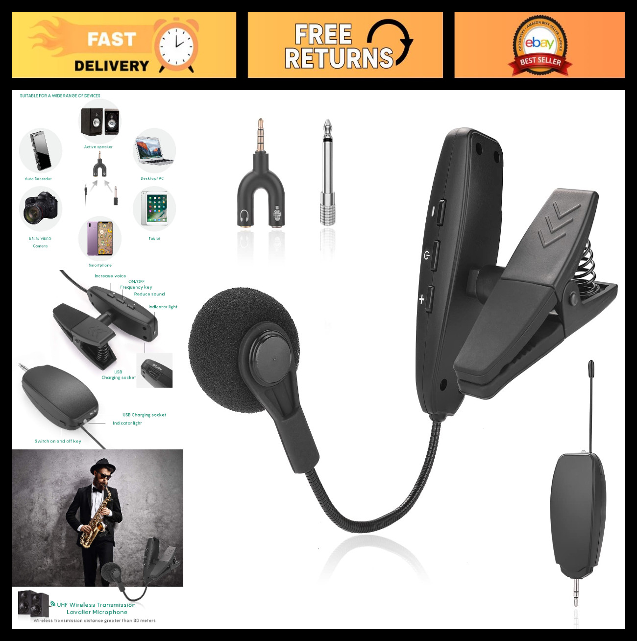 Wireless UHF Clip-On Microphone for Instruments, 131ft Range, 1/8 & 1/4” Ports