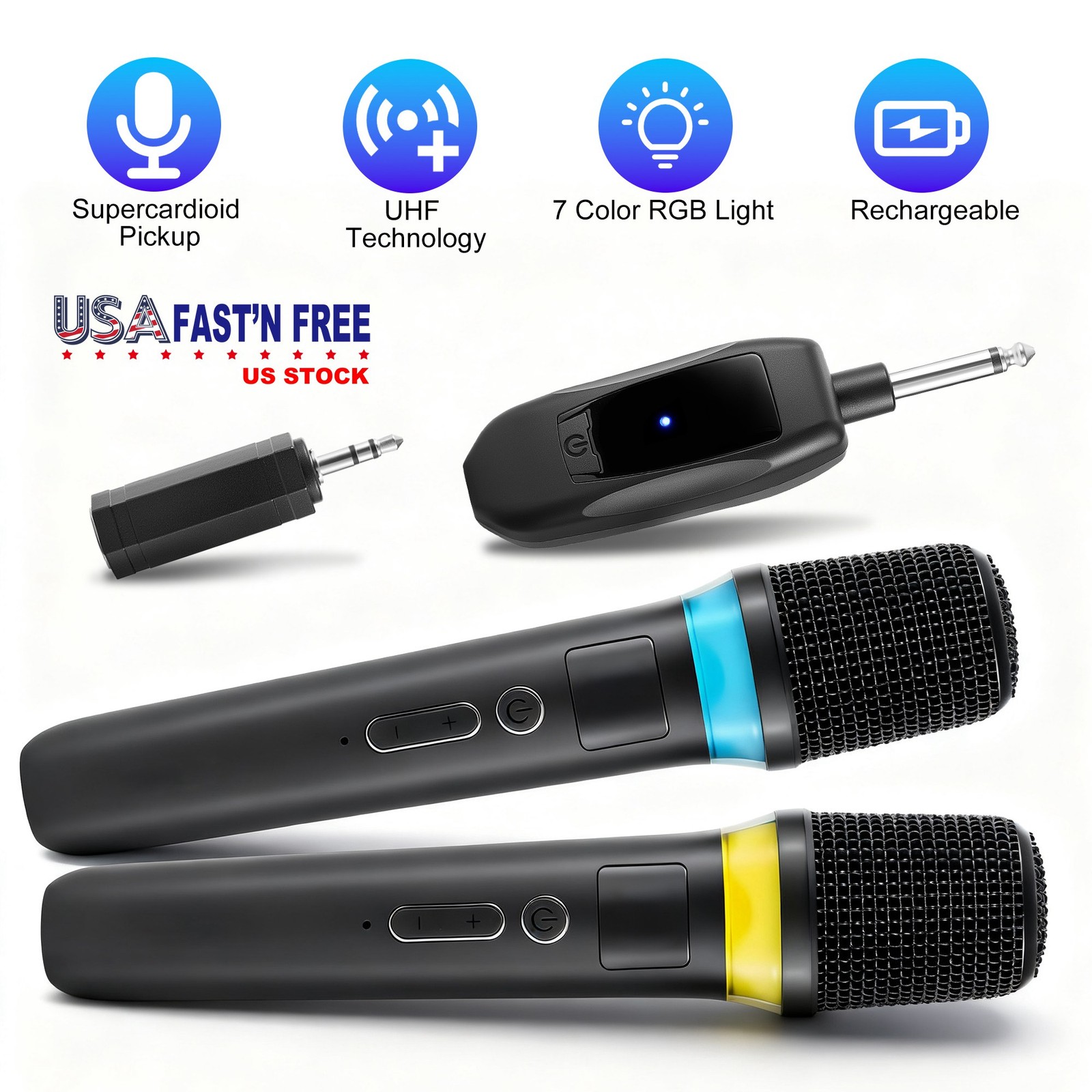 2Pcs UHF Wireless Microphones Handheld Mic System Karaoke Dynamic Microphone