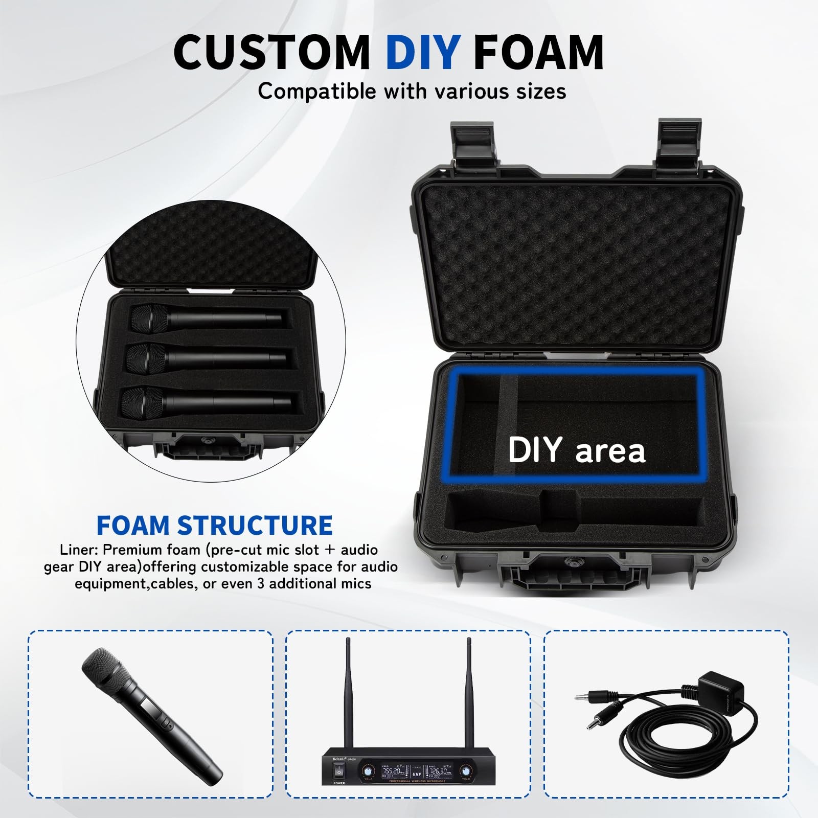 Microphone Carrying Storage Hard Case+ Custom Foam（Pre-cut Mic Slot & DIY Foa…