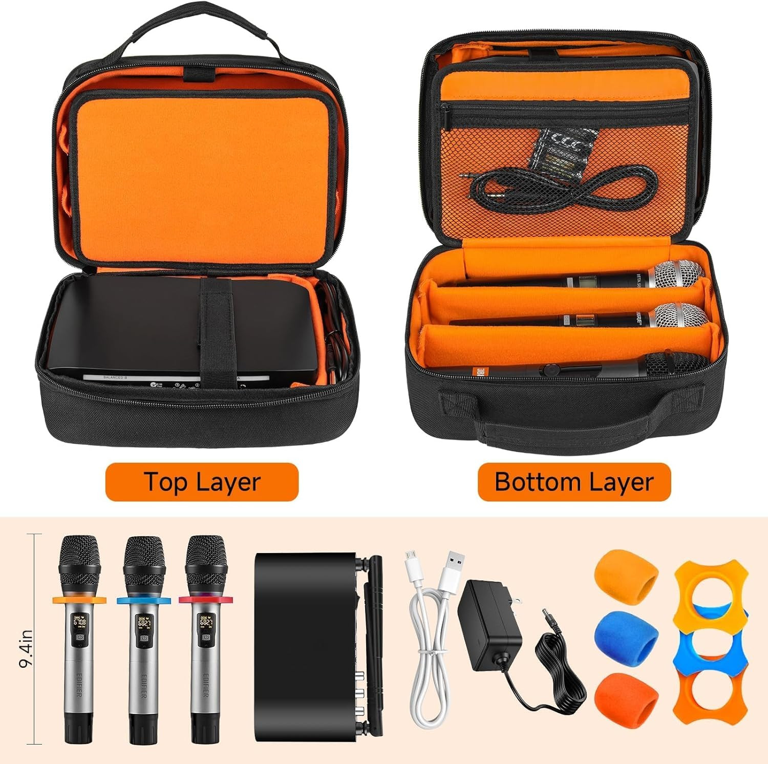 3 Slots Microphone Case for Wireless Microphones, Carrying Bag with Padded Inter