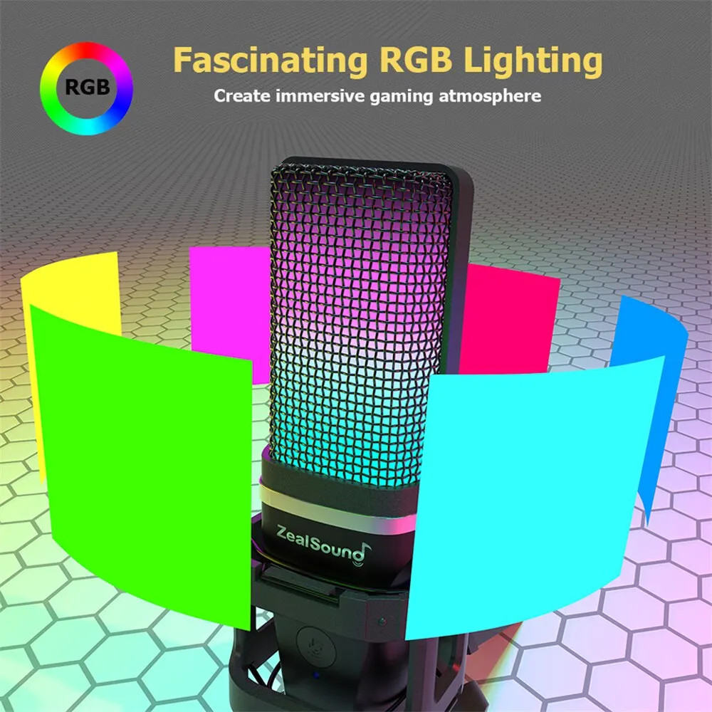 Zealsound RGB Condenser Microphone — Articulating Arm, Tripod for Streaming/Podc