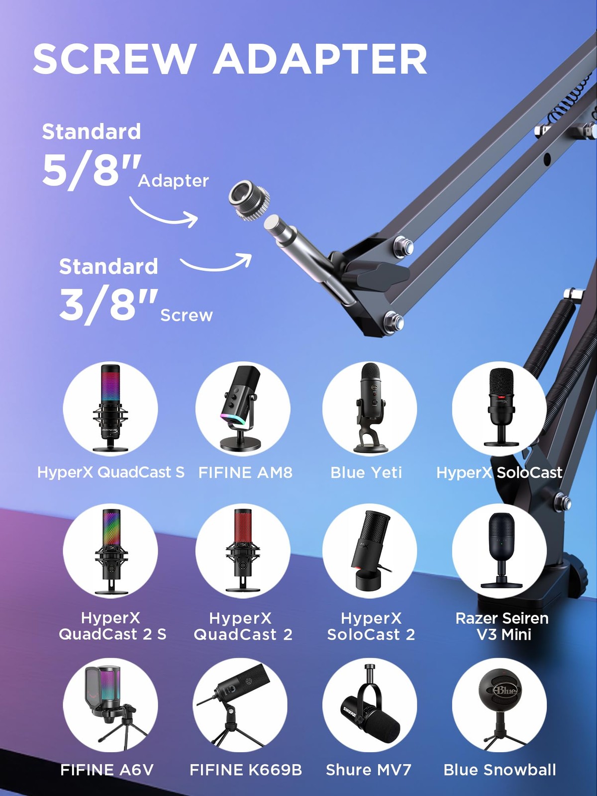 Boom Arm Microphone Mic Stand for Blue Yeti HyperX QuadCast SoloCast Snowball…