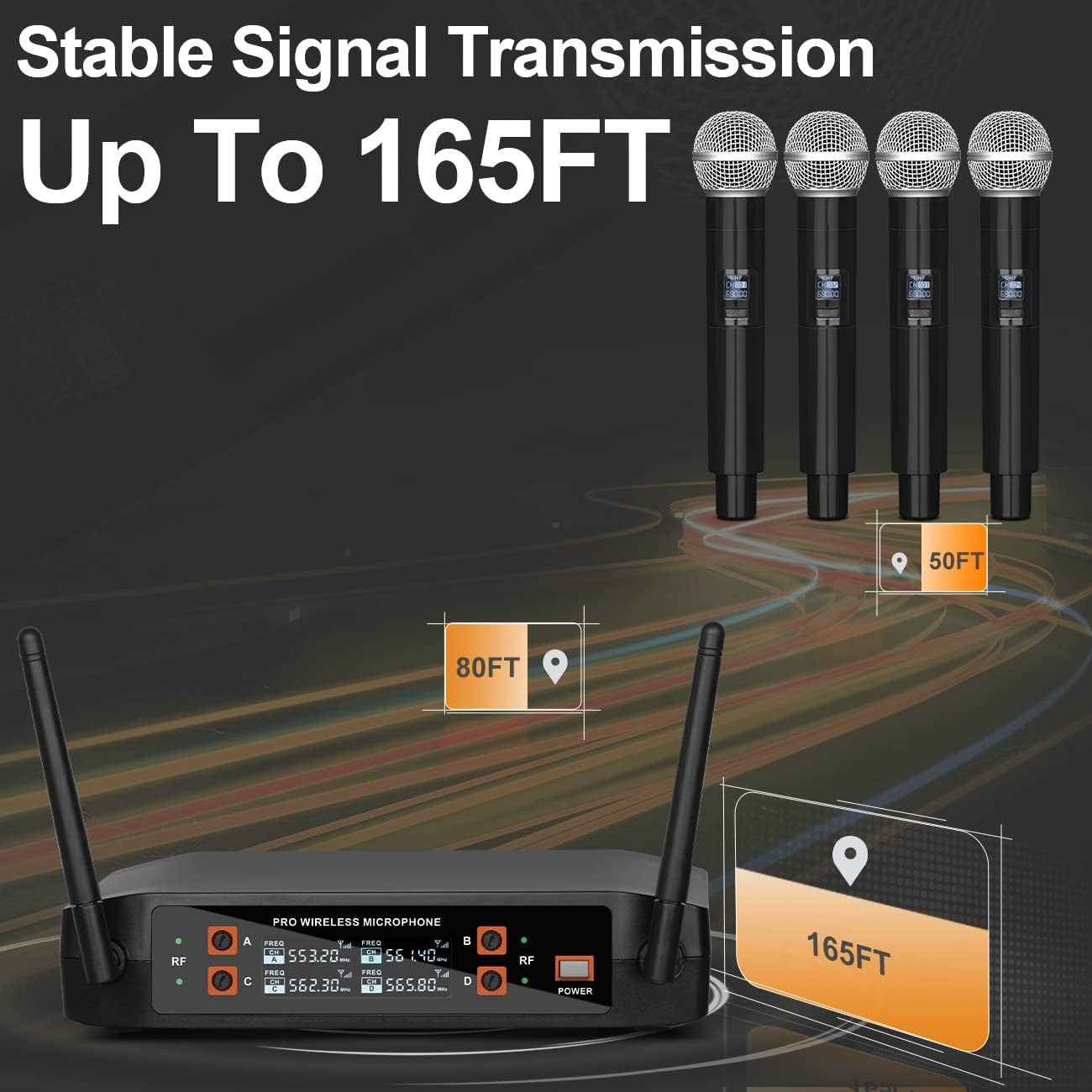 DX4 Wireless Microphone, Professional 4 Channels Karaoke Handheld System for Hom