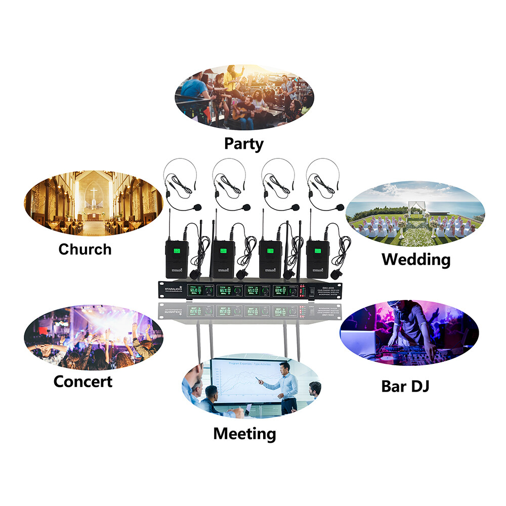 UHF Lapel Headset Wireless Microphone System 4CH Lavalier Bodypacks Stage Mics