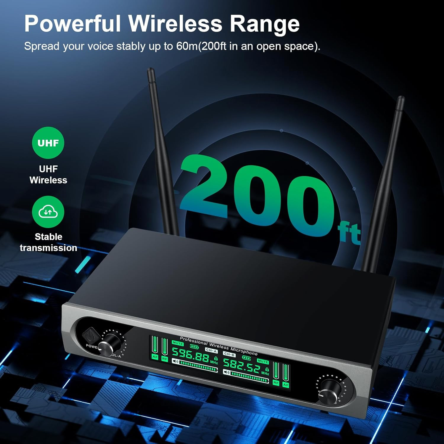 UHF Wireless Microphone System with 2 Handhelds, 200ft Range, Auto Scan