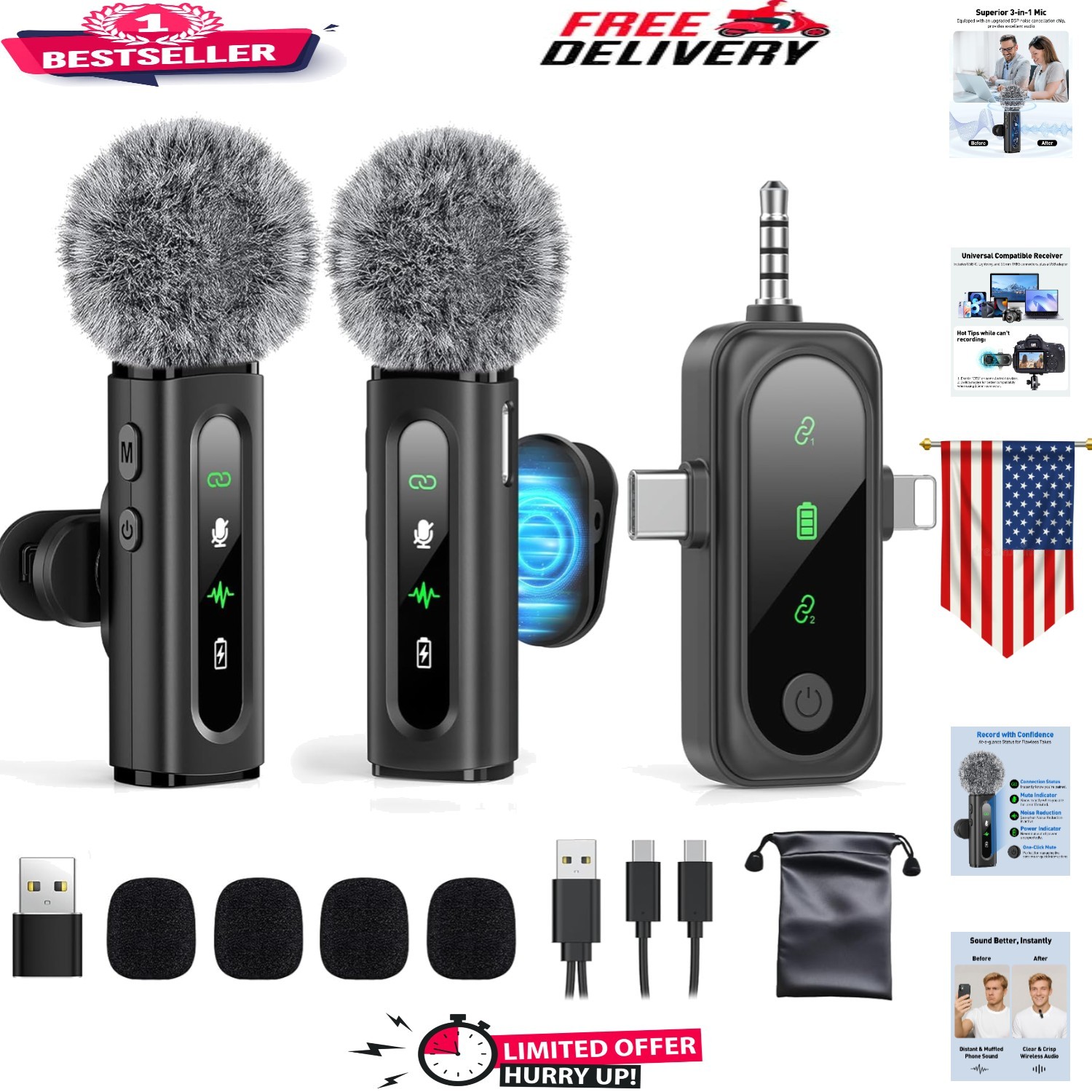 Clip-On Lavalier Microphone with Denoise Tech for Clear Audio in Any Environment